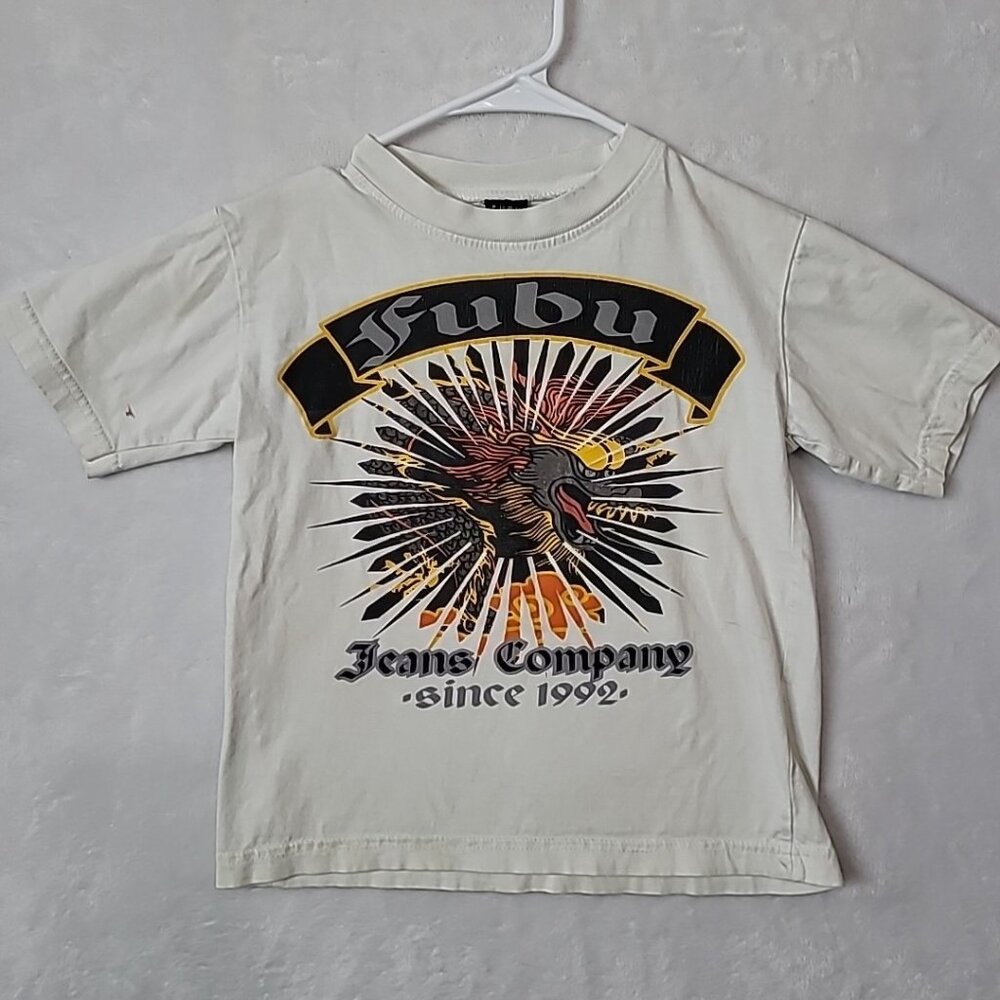 VTG FUBU Jeans Co Y2K Kids Dragon Graphic Print T-shirt Size 6 (Yrs) Skate Tee